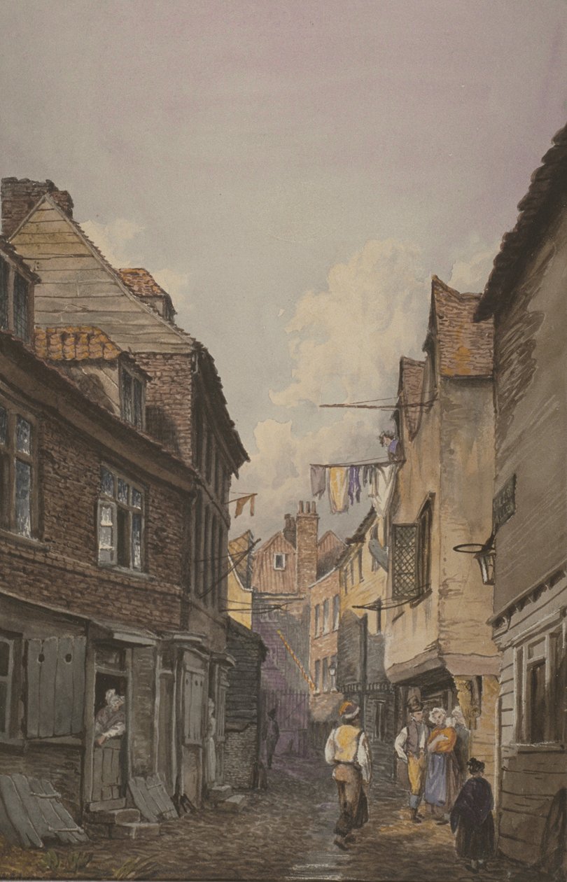 Näkymä hahmoista Glean Alleyssa, Bermondseyssa, n. 1825 (wc paperilla) tekijältä English School
