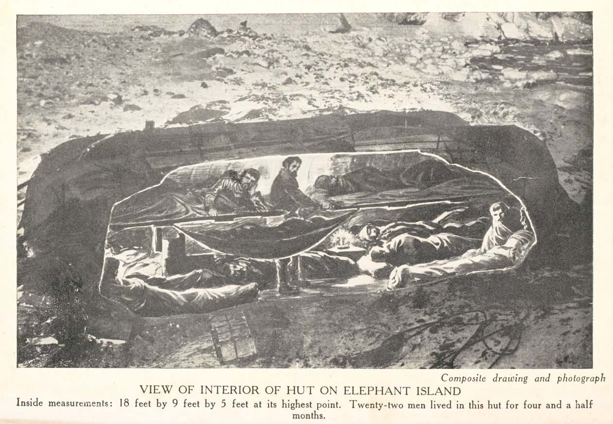 Näkymä kotasta Elephant Islandilla, "Etelä: 1914-1917 retkikunnan tarina", kirjoittanut Sir Ernest Shackleton tekijältä English School