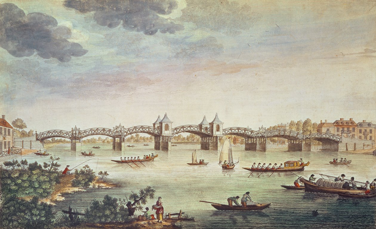 Näkymä Thamesin ylittävälle sillalle Hampton Courtissa, kaiverrus John Bowles (fl. 1724-56) tekijältä English School