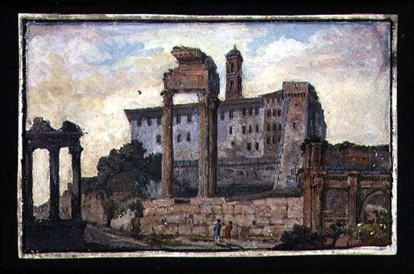 Näkymä Capitolille ja Castorin ja Polluxin temppeleille, Rooma, n. 1800 (guassi paperille) tekijältä English School