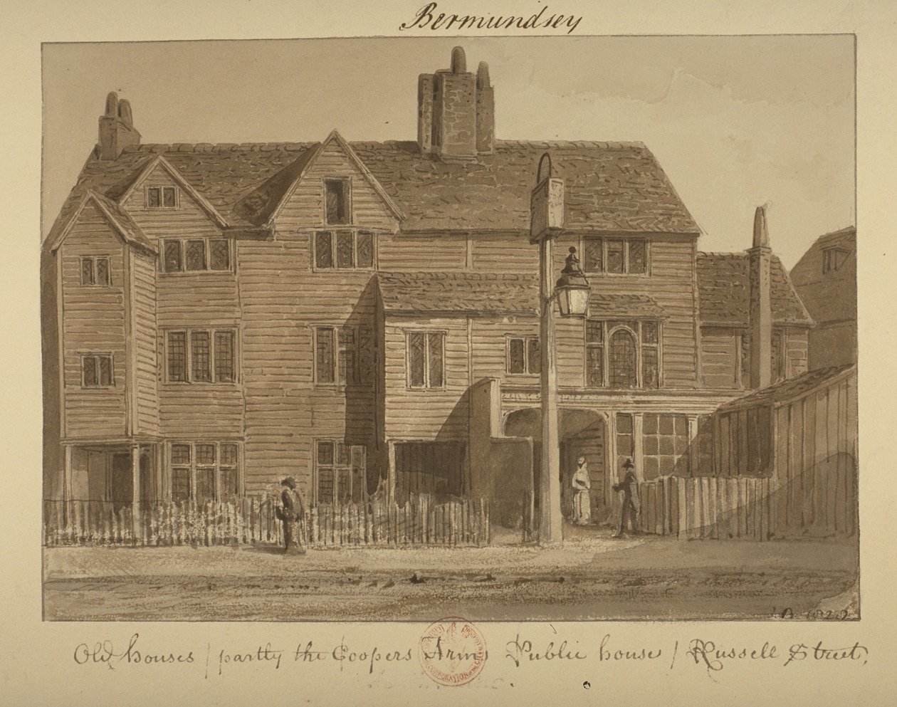 Näkymä Coopers Arms Innistä, Russell Street, 1828 (pesu paperille) tekijältä English School