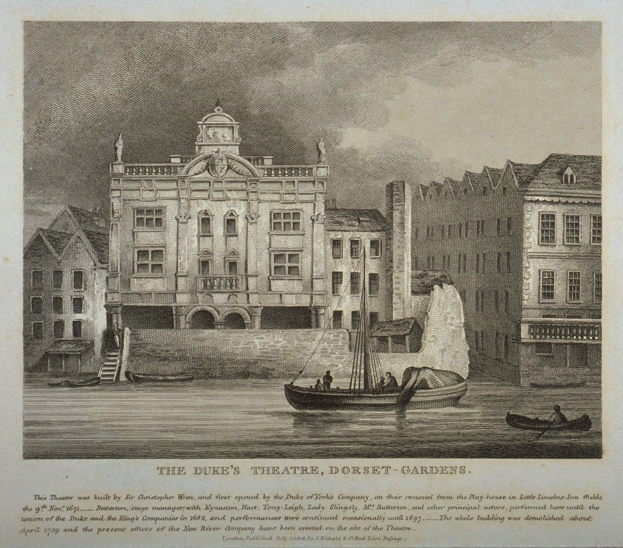 Näkymä Dukes Theatrelle, Dorset Gardens, Thames-joelta, 1814 tekijältä English School