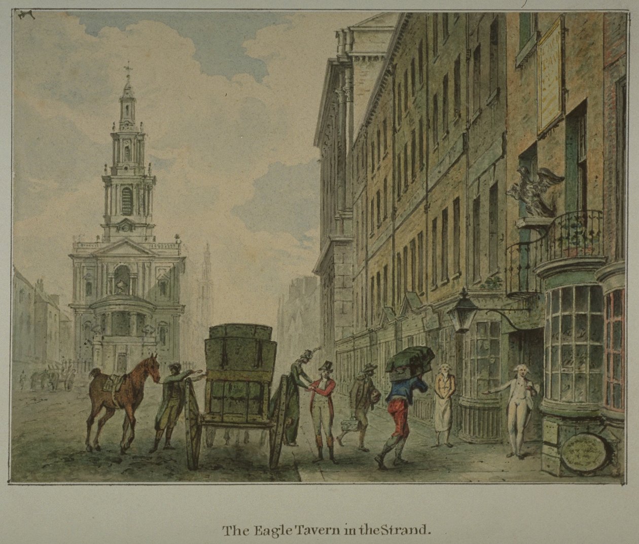 Näkymä Eagle-tavernasta Westminsterin Strandissa, jossa mies purkaa tuotteita hevoskärryistä tiellä ja St Mary le Strand kaukaa, n. 1800 (akvarelli paperille) tekijältä English School