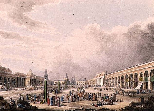 Näkymä Suurelle aukiolle Moskovan myymälöineen, levy 3 julkaisusta Historical Sketch of Moscow, pub. kirjoittanut Rudolph Ackermann (1764-1834) 1813 (akvatinta) tekijältä English School