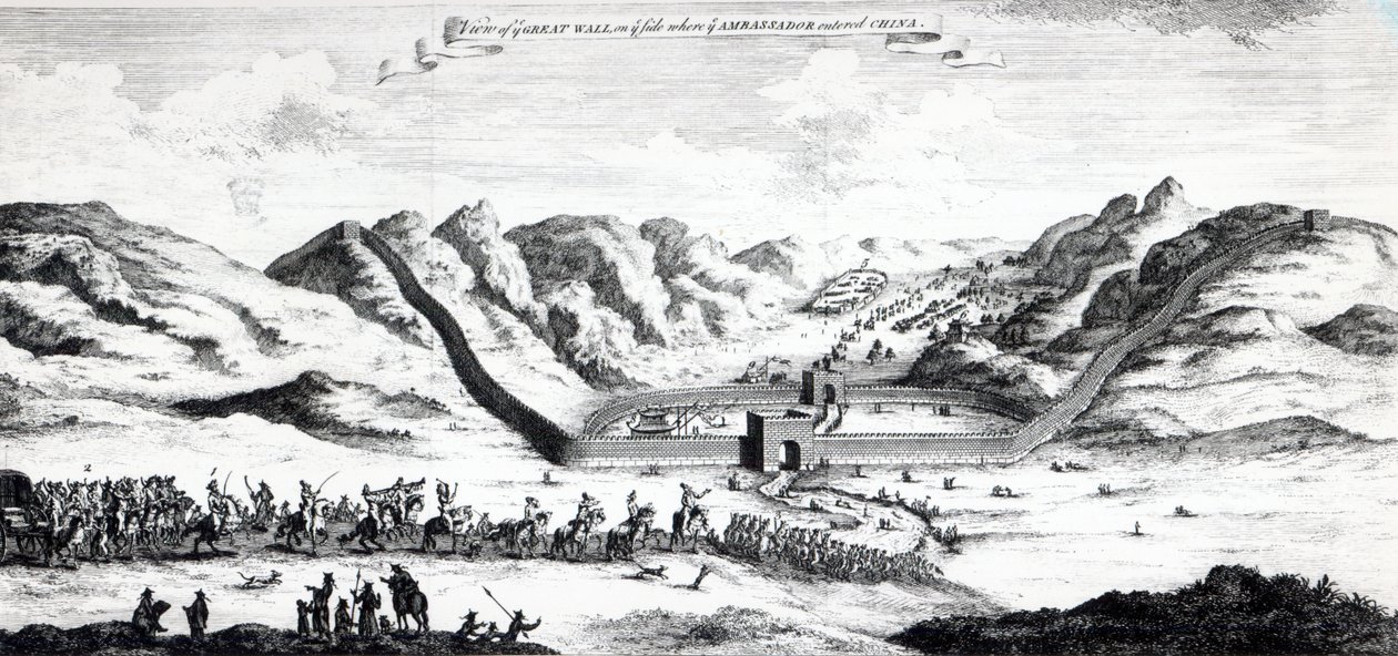 Näkymä suurelle muurille puolella, jolla suurlähettiläs saapui Kiinaan, John Harrisin kokoelmasta matkoja ja matkoja, 1748 tekijältä English School
