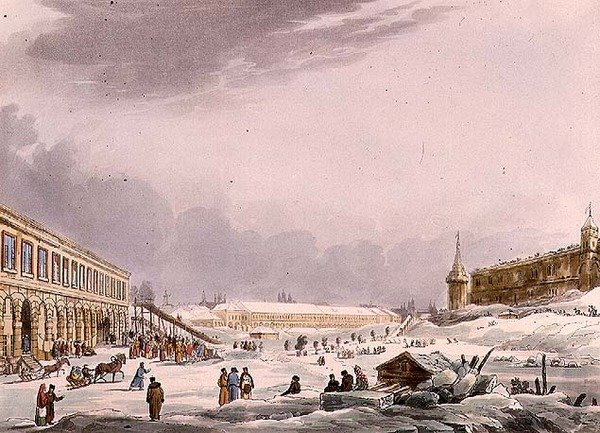 Näkymä jääkukkuloille Moskovan karnevaalin aikana, levy 8 julkaisusta Historical Sketch of Moscow, pub. kirjoittanut Rudolph Ackermann (1764-1834) 1813 (akvatinta) tekijältä English School
