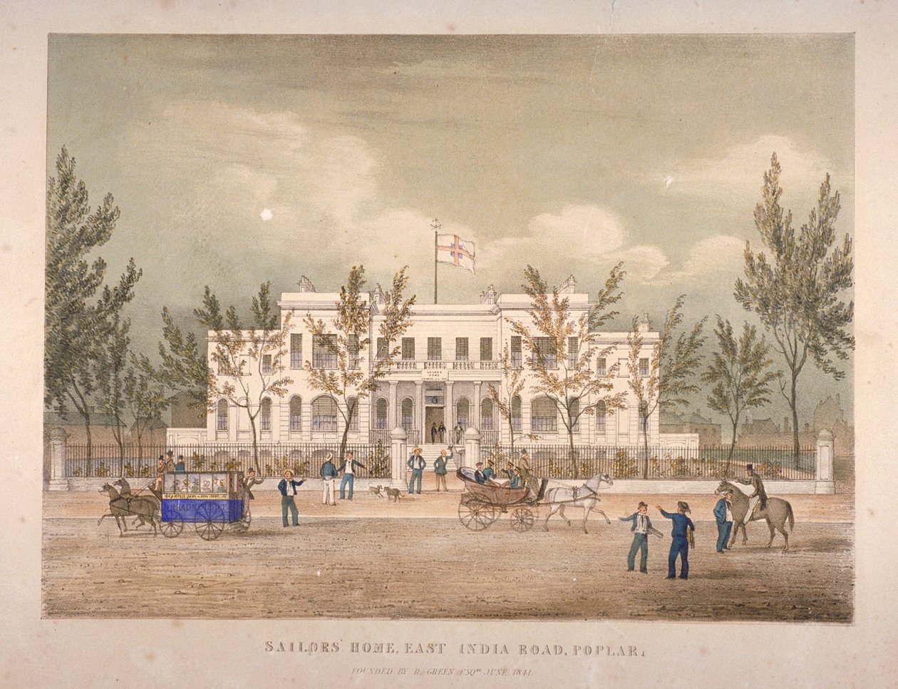 Näkymä Sailors Homesta East India Dock Roadilla, Poplar, Lontoo, 1841 tekijältä English School