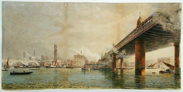 Näkymä Thamesin etelärannalle Waterloon ja Hungerford Bridgesin välissä, n. 1870 (akvarelli paperille) tekijältä English School