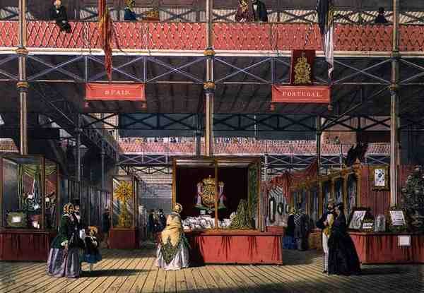 Näkymä vuoden 1851 maailmannäyttelyn Espanja ja Portugali -osastosta, Dickinsonin teoksesta Comprehensive Pictures (värilitro). tekijältä English School