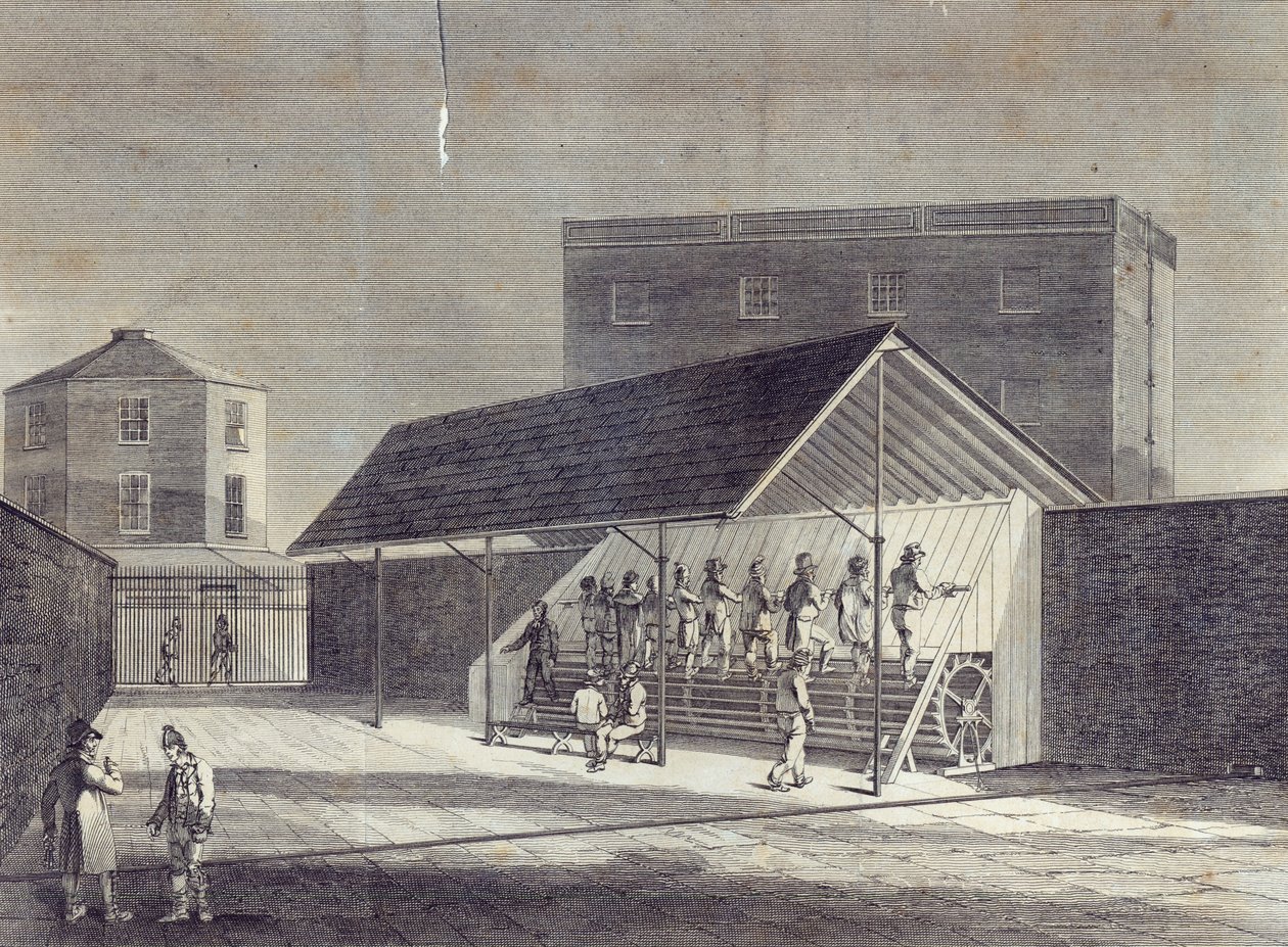 Näkymä vankien työllistämiseen tarkoitetusta Tread Millista, joka on pystytetty House of Correction at Brixton, julkaisija Gent. Mag., heinäkuu 1822 tekijältä English School