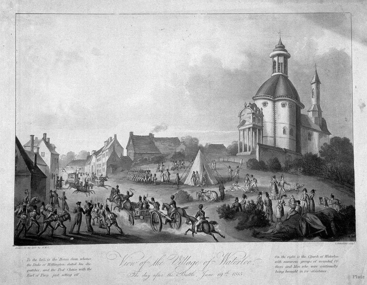Näkymä Waterloon kylästä taistelun jälkeisenä päivänä, 19.6.1815, 1816 (värillinen akvatinta) tekijältä English School
