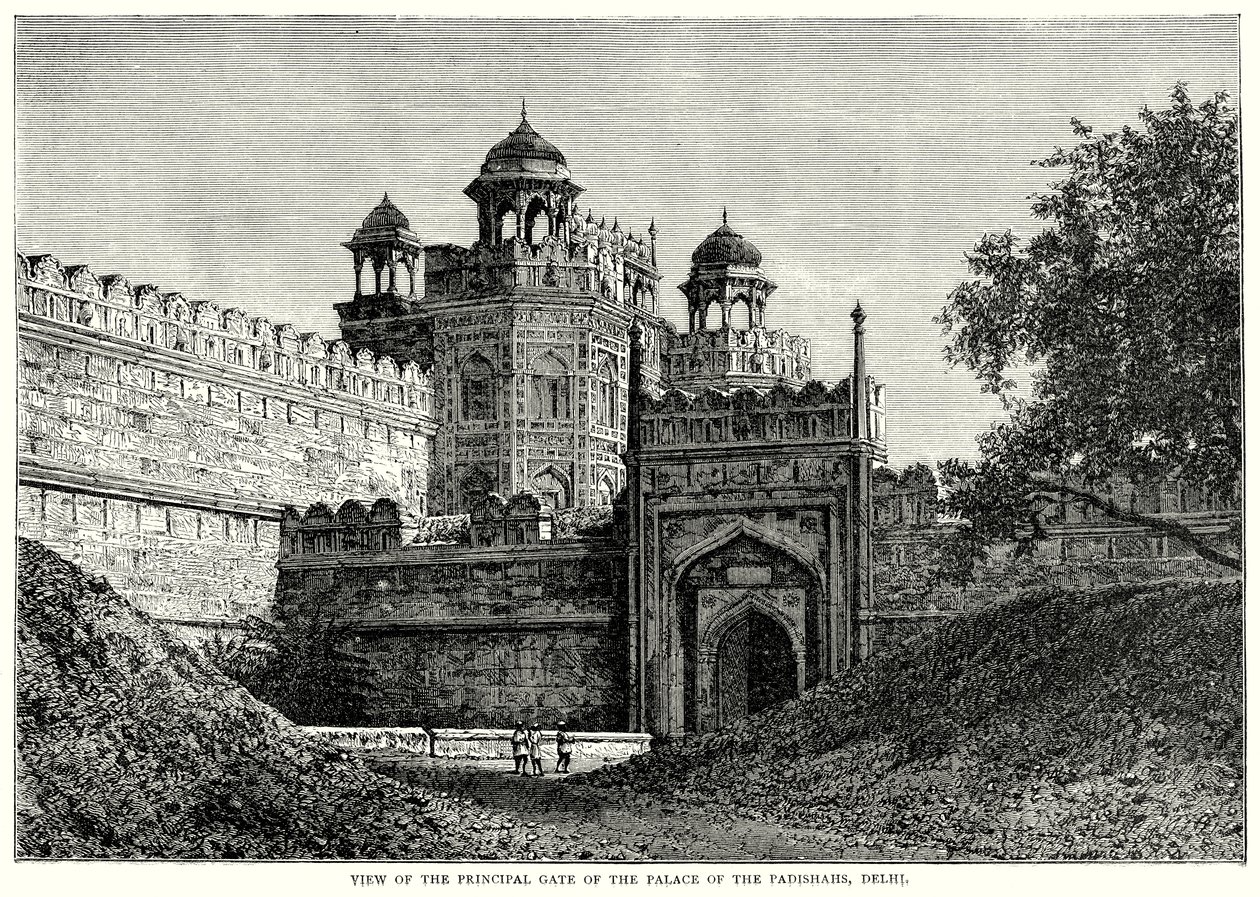 Näkymä padishahien palatsin pääportista, Delhi (kaiverrus). tekijältä English School