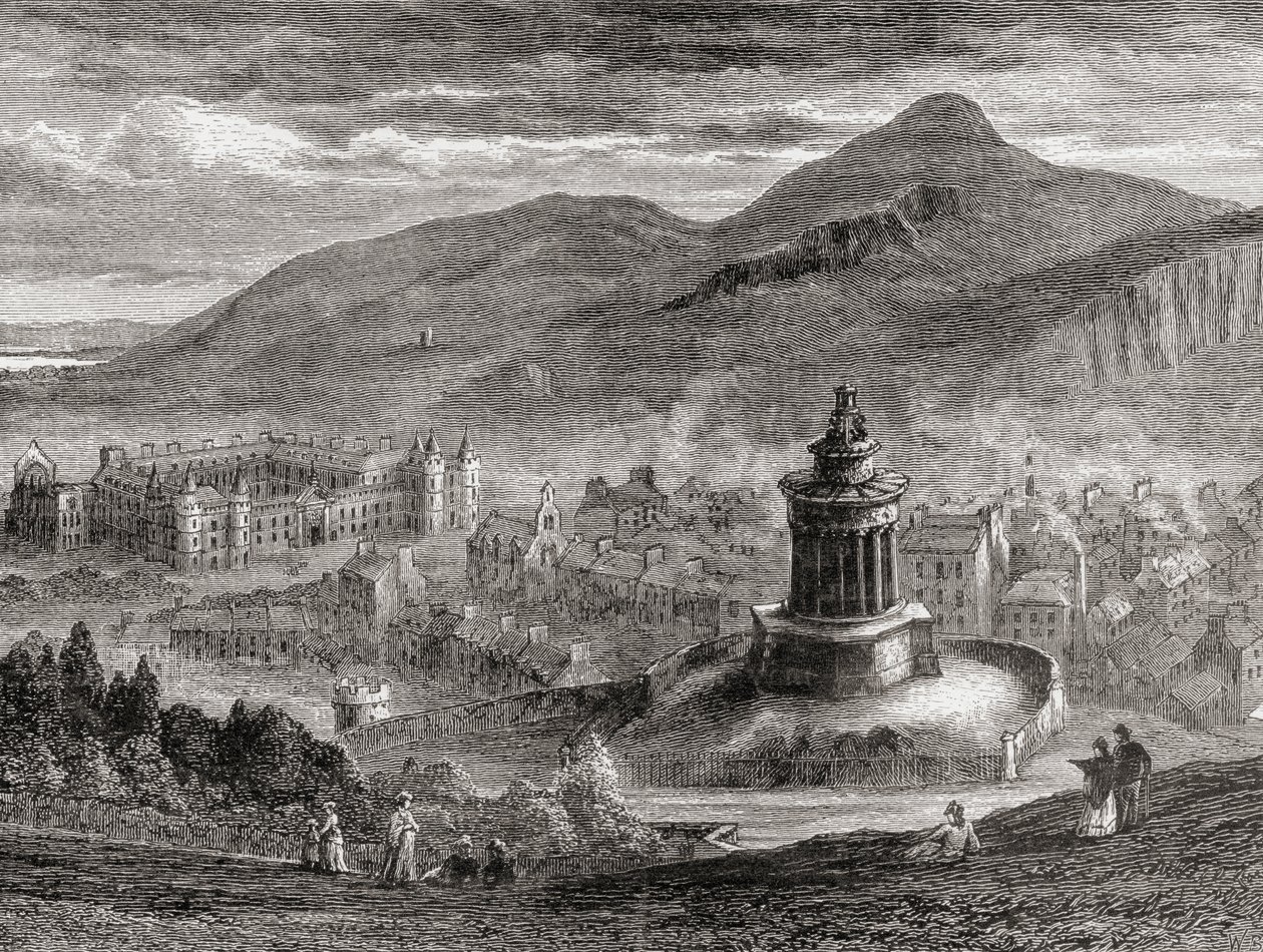 Näkymä Edinburghin ylle Calton Hillin Burns-monumentista, Samuel G. Greenin vuonna 1886 julkaistusta "Skotlantilaiset kuvat, jotka piirrettiin kynällä ja lyijykynällä" tekijältä English School