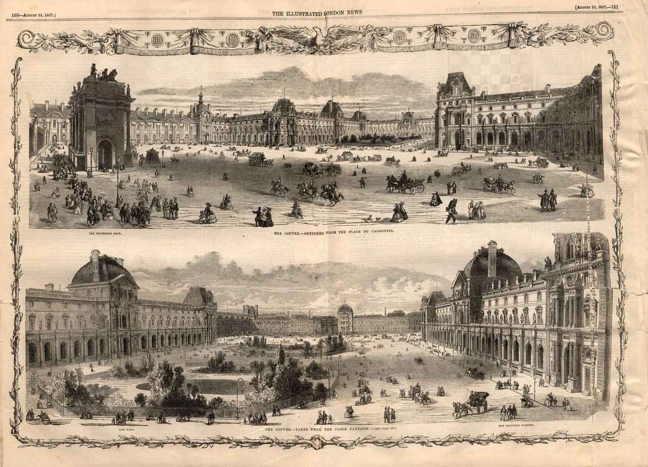 Näkymät Cour Carree du Louvrelle Pariisissa. Kaiverrus "The Illustrated London News" -julkaisussa 15. elokuuta 1857. tekijältä English School
