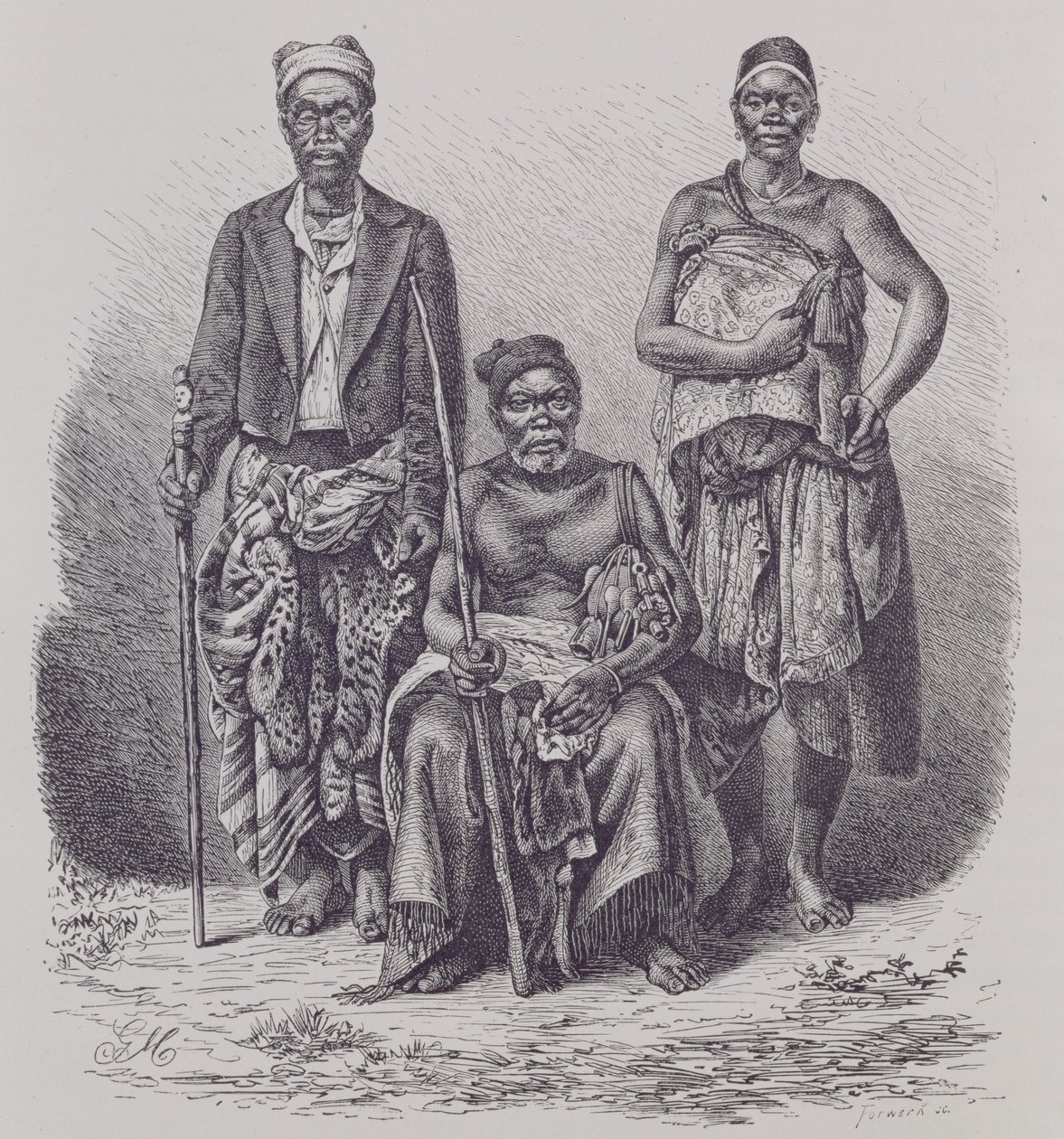 Loangon rannikon kylän päällikkö vaimoineen ja arvohenkilöineen, kaiverrettu tohtori Falkensteinin valokuvaan, Prof. Friedrich Ratzelin teoksesta "The History of Mankind", osa 1, 1896 tekijältä English School