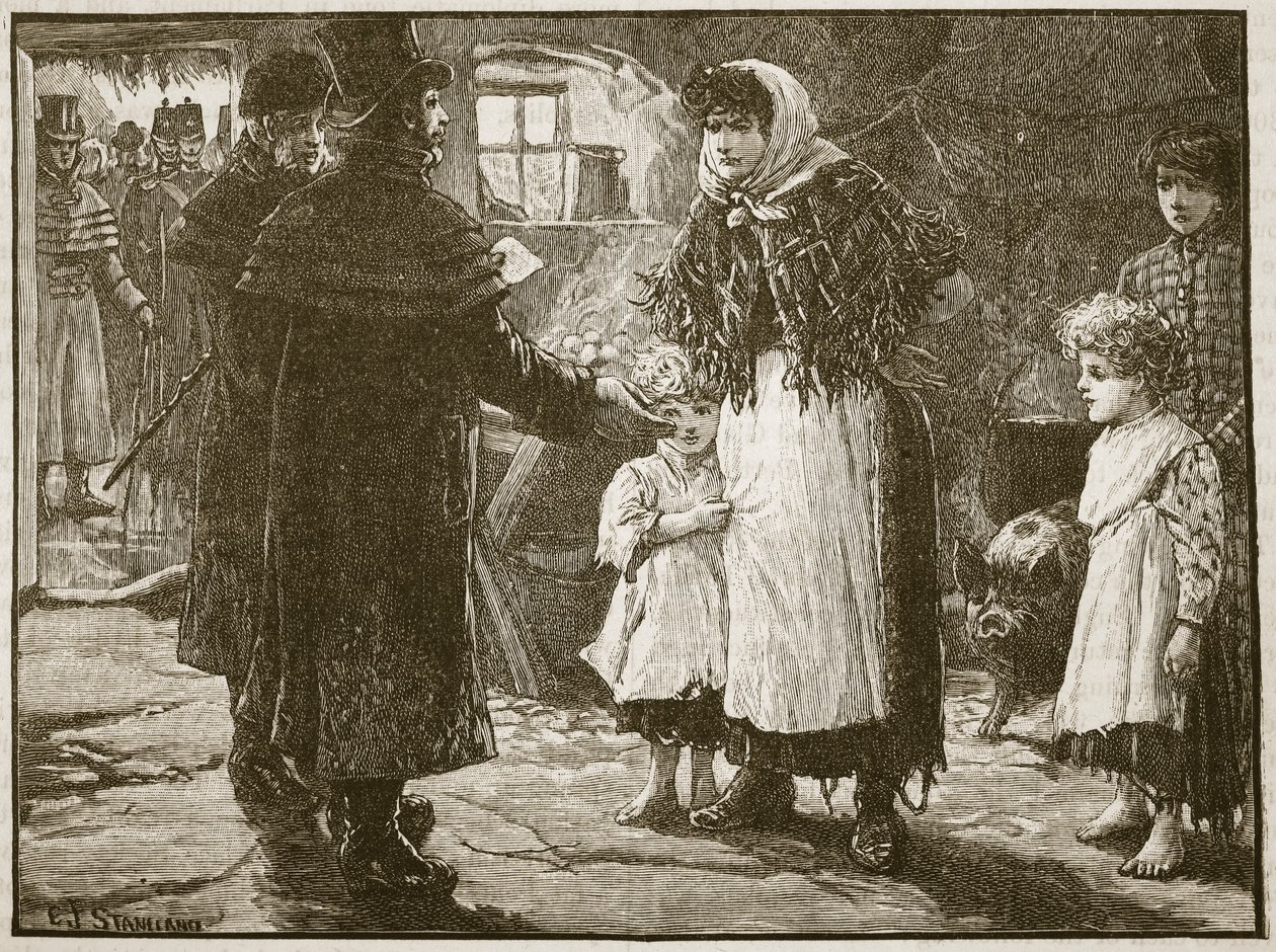 Tithe Proctorin vierailu Irlanti, 1832, kuvitus Cassells Illustrated History of Englandista (seepiakuva) tekijältä English School