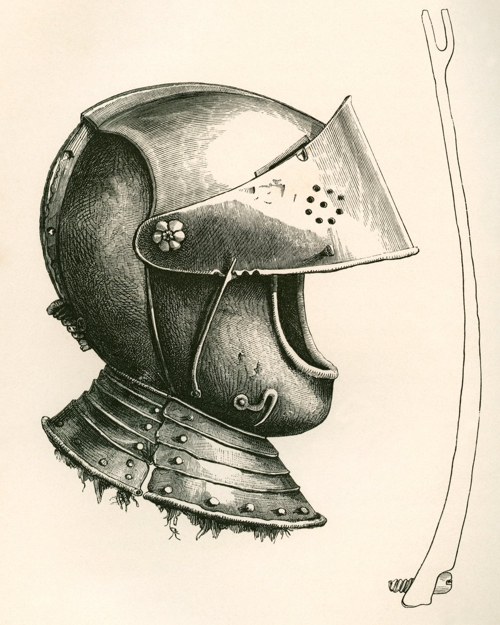 Visored kypärä vuodelta 1643. Sivulla oleva osa on täysikokoinen visiirin tuki, jota käytetään pitämään visiirin eri kulmissa käytetyn loven mukaan, julkaisusta The British Army: Its Origins, Progress and Equipment, julkaistu 1868. tekijältä English School