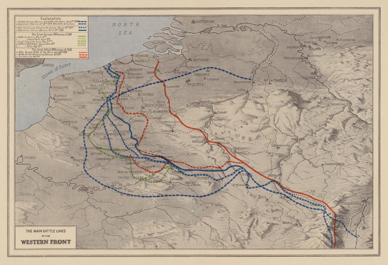 WW1: Länsirintaman päätaistelulinjat (värilitografia) tekijältä English School