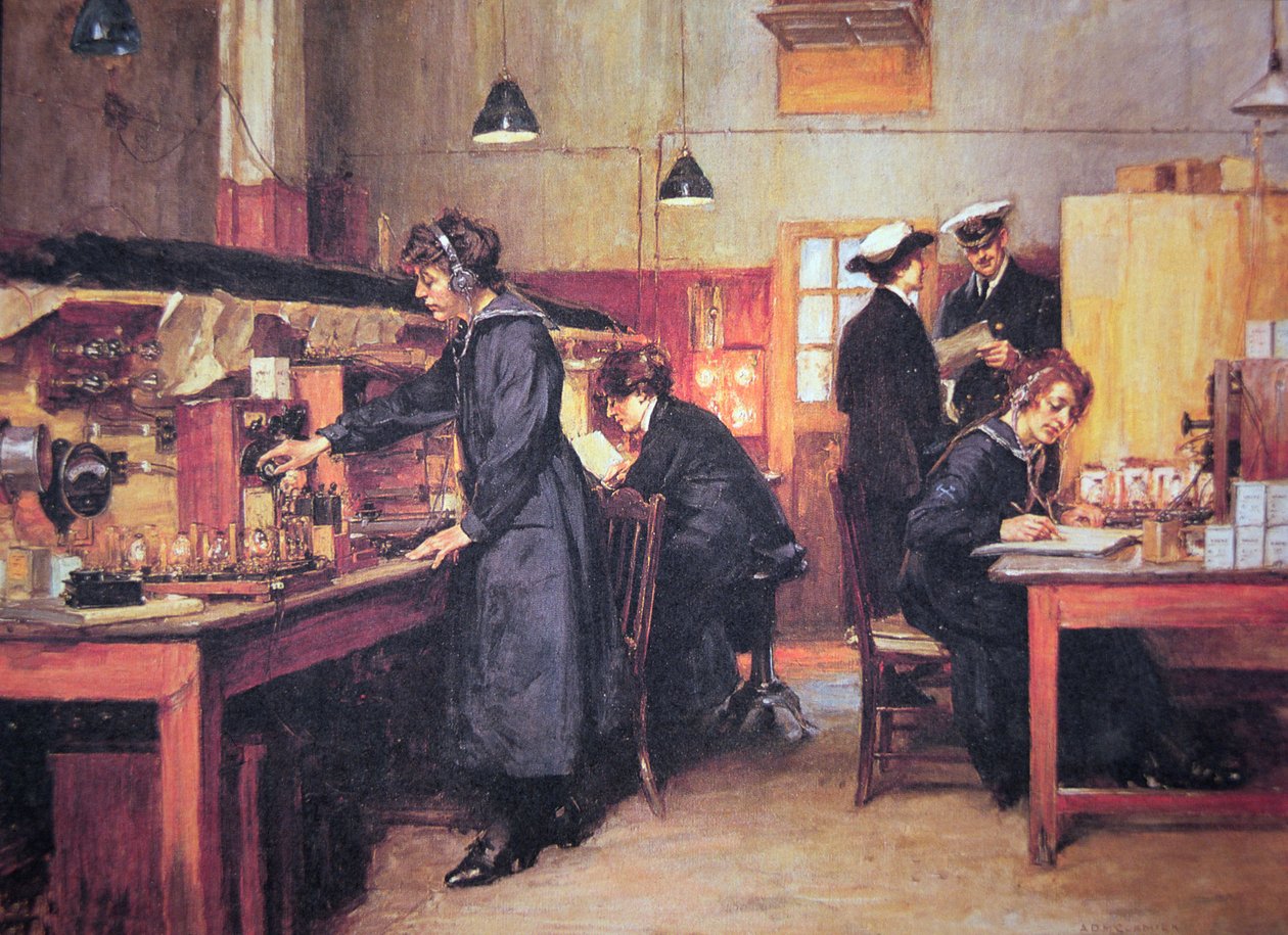 Ensimmäisen maailmansodan naispuoliset kuninkaallisen laivaston radio- ja puhelinoperaattorit (värilitho) tekijältä English School