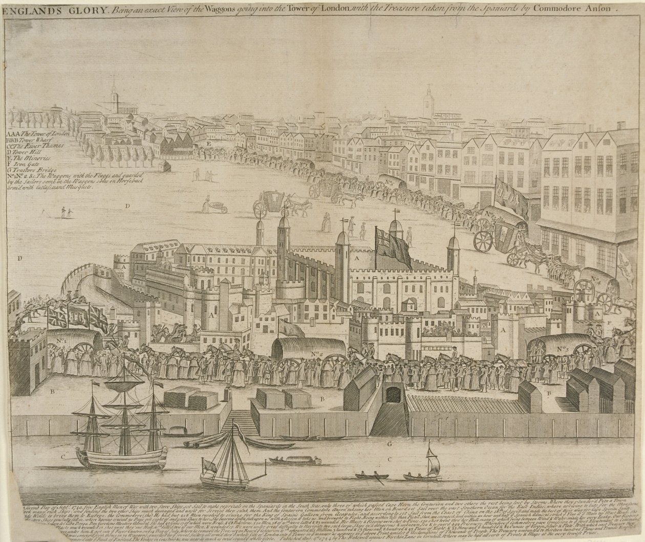 Aarrevaunuja viedään Lontoon Toweriin, 1744 tekijältä English School