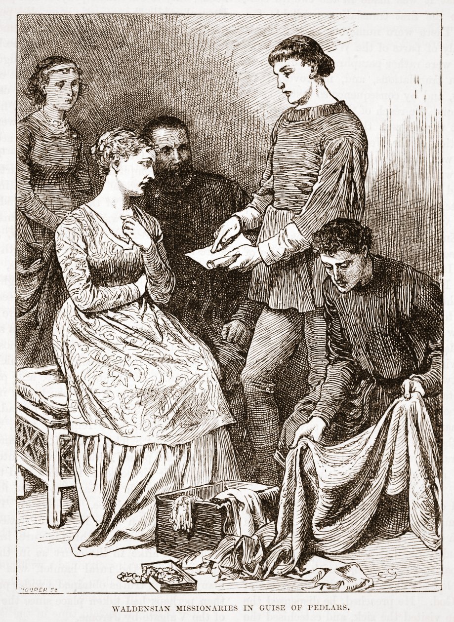 Waldensialaiset lähetyssaarnaajat Pedlarsin varjossa, kuvitus James Aitken Wylien (1808-1890) teoksesta The History of Protestantism, pub. 1878 tekijältä English School