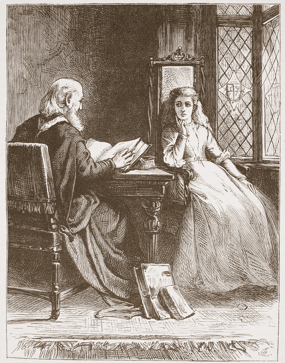 Walter Capel lukee kirjoituksia tyttärelleen, kuvitus James Aitken Wylien (1808-1890) teoksesta The History of Protestantism, pub. 1878 tekijältä English School
