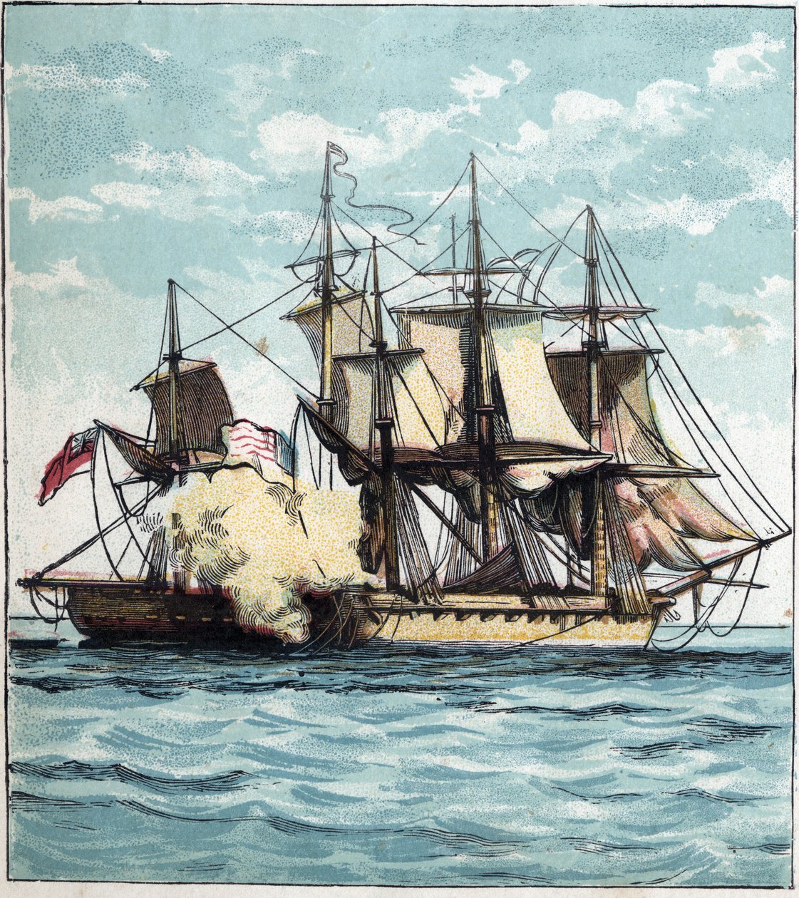 Vuoden 1812 sota Yhdysvaltojen ja Ison-Britannian välillä: Chesapeaken fregatti meritaistelun aikana brittiläistä fregattia "" Shannon" vastaan 1.6.1813 Bostonin edustalla. "Chesapeake ja Shannon" tekijältä English School