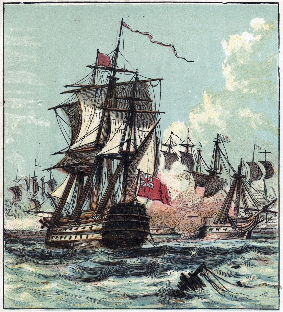 War of the Revolution: Battle of the Prairial Year II (01/06/1794) oli meritaistelu Louis Thomas Villaret de Joyeusen komentaman ranskalaisen laivueen ja brittiläisen amiraali Howen (1726-1799) armeijan välillä Ouessantin edustalla. Britit voittivat. Lord  tekijältä English School