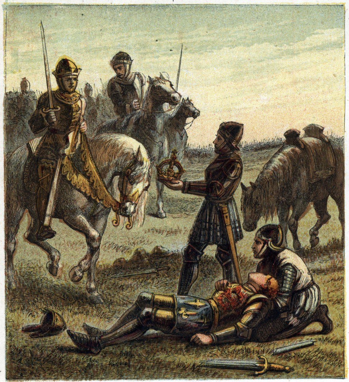 Kahden ruusun sota: kuningas Richard III:n (1452-1485) kuolema Bosworth Fieldin taistelussa, joka tapahtui 22.8.1485 Richard III:n ja Richmondin herttuan Henrin välillä. Jälkimmäinen sai dechu-kuninkaan kruunun ja hänestä tuli Henrik VII, joka tunnetaan ni tekijältä English School