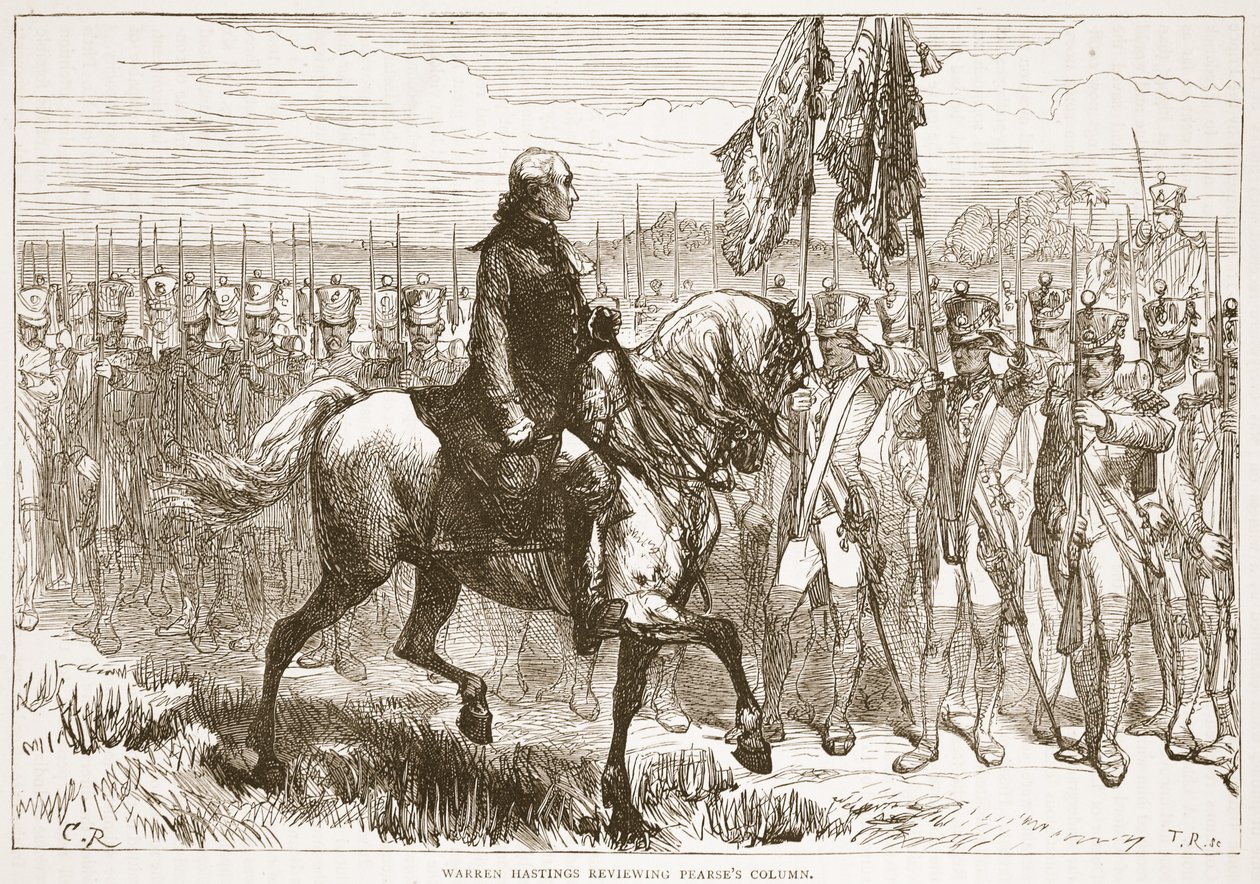 Warren Hastings arvostelee Pearses-saraketta, kuvitus James Grantin Cassells Illustrated History of Indiasta, pub. 1879 tekijältä English School