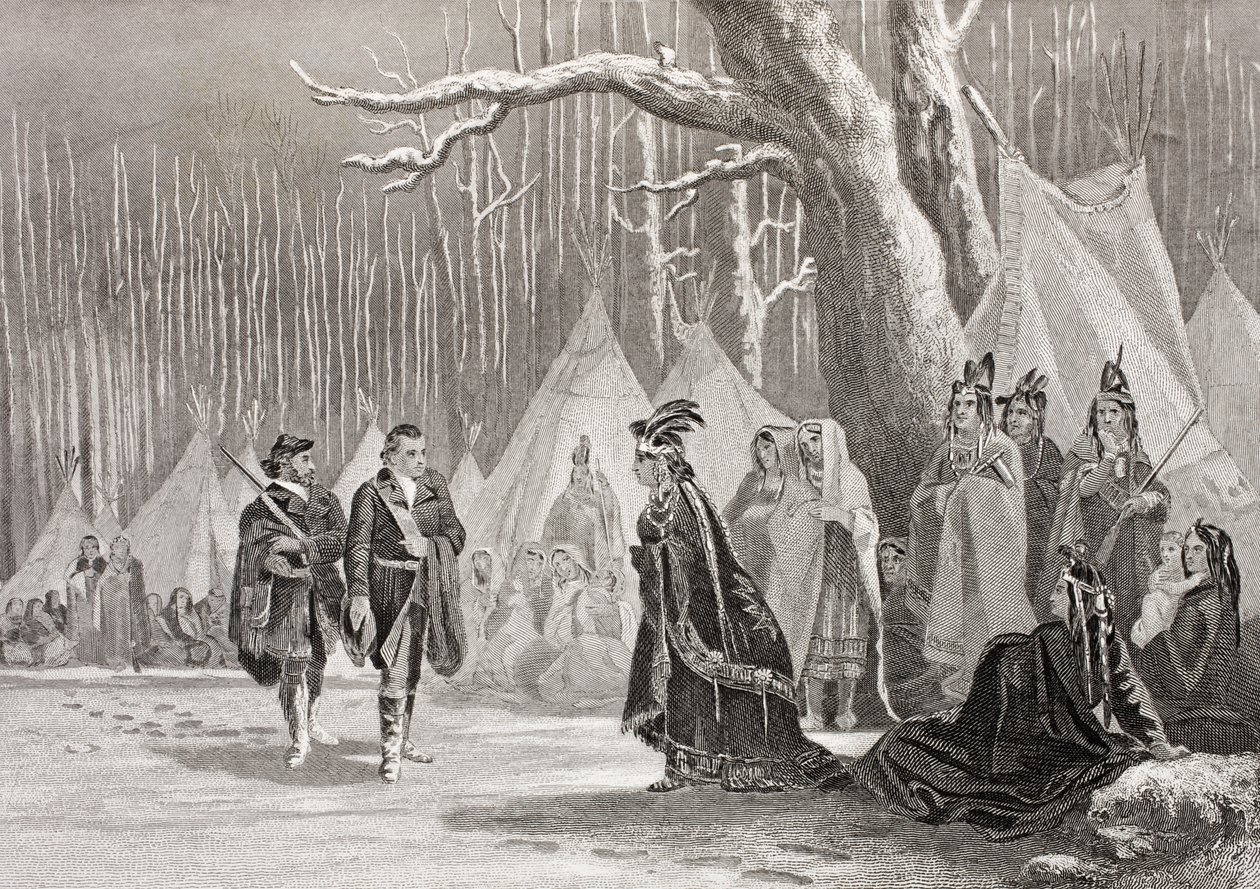 Washington ja Gist vierailevat Intian kuningatar Alliquippan luona "Gallery of Historical Portraits", julkaistu n. 1880 tekijältä English School