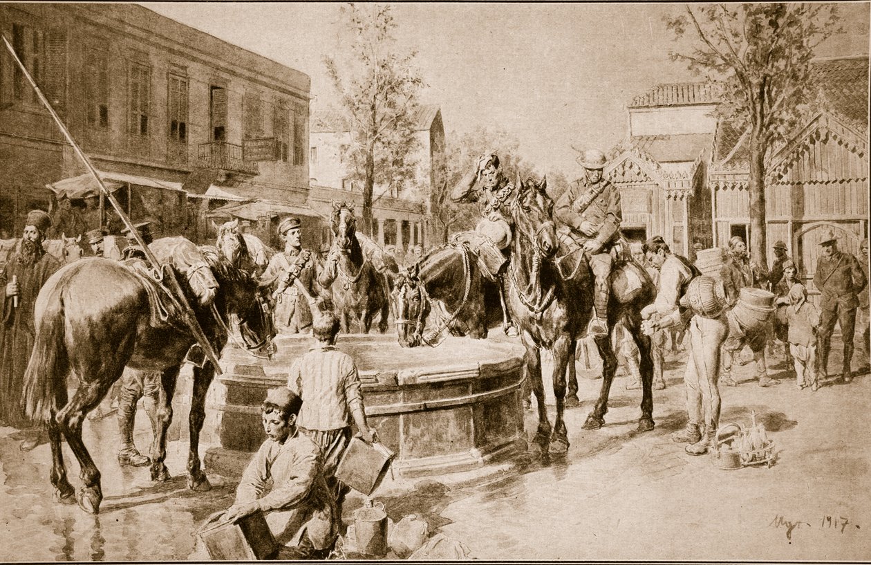 Vesi ihmiselle ja pedolle: tyypillinen kohtaus Salonikassa, 1914-19 tekijältä English School
