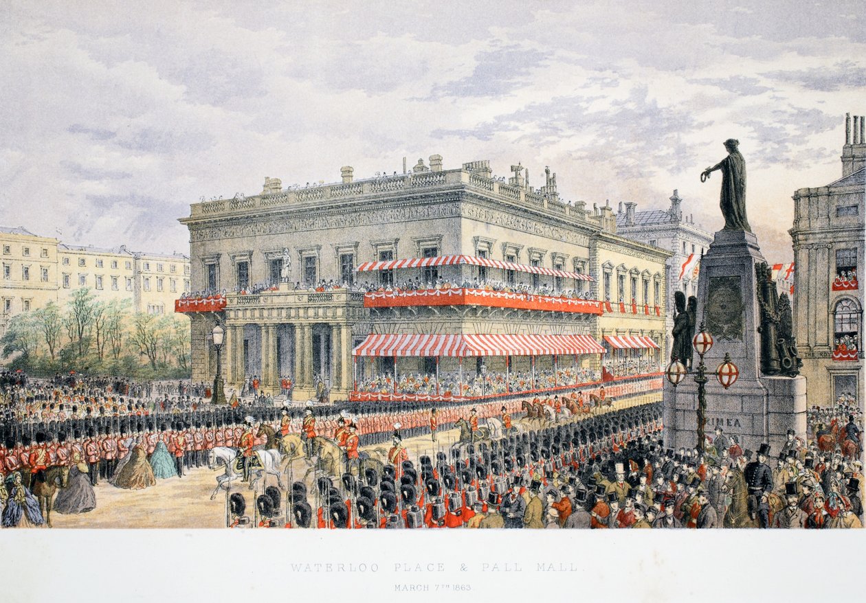 Waterloo Place ja Pall Mall, A Memorial of the Marriage of Edward VII ja Alexandra of Denmark, pubista. 1864 tekijältä English School