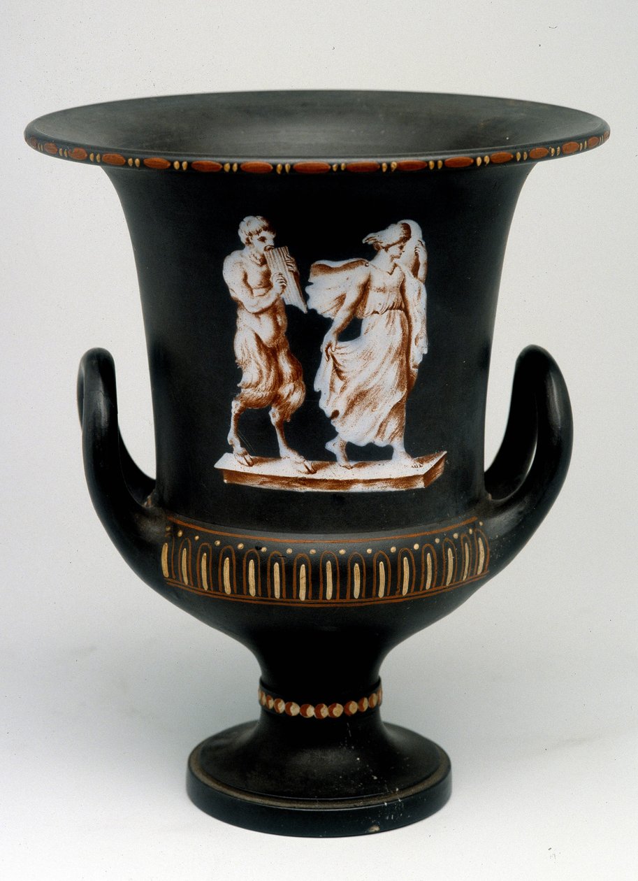 Nuorta tyttöä kuvaava Wedgwood-maljakko ja musta keraaminen satyri, joka on maalattu "" enkaustiikalla"". Englanti, noin 1775 - 1790. Mitalien toimisto, BN Pariisissa. tekijältä English School