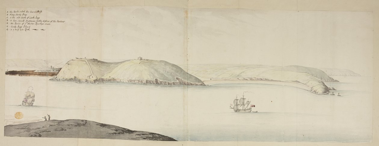 Cork Harbourin läntinen sisäänkäynti Kiddsistä tai Cow and Calfista Cross Beg Islandille; Cork Harbourin läntinen sisäänkäynti, jossa näkyy Halbowlin Island, Spike Island ja Cross Haven, n. 1684 (kynä, muste ja akvarelli paperille) tekijältä English School