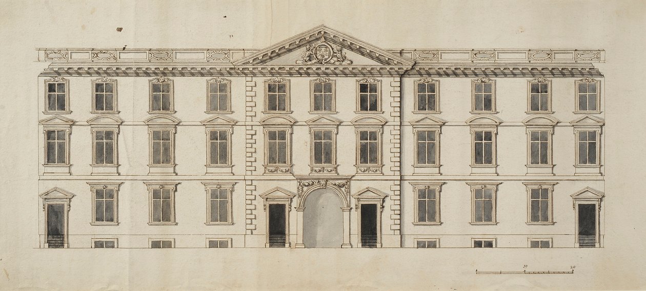 New Collegen Garden Quadranglen ehdotetun uuden rakennuksen länsirintama, n. 1680 (muste ja harmaa pesu paperilla) tekijältä English School