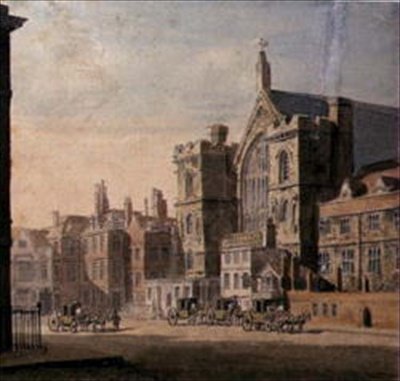 Westminster Hall ja New Palace Yard, n. 1808 (akvarelli paperille) tekijältä English School