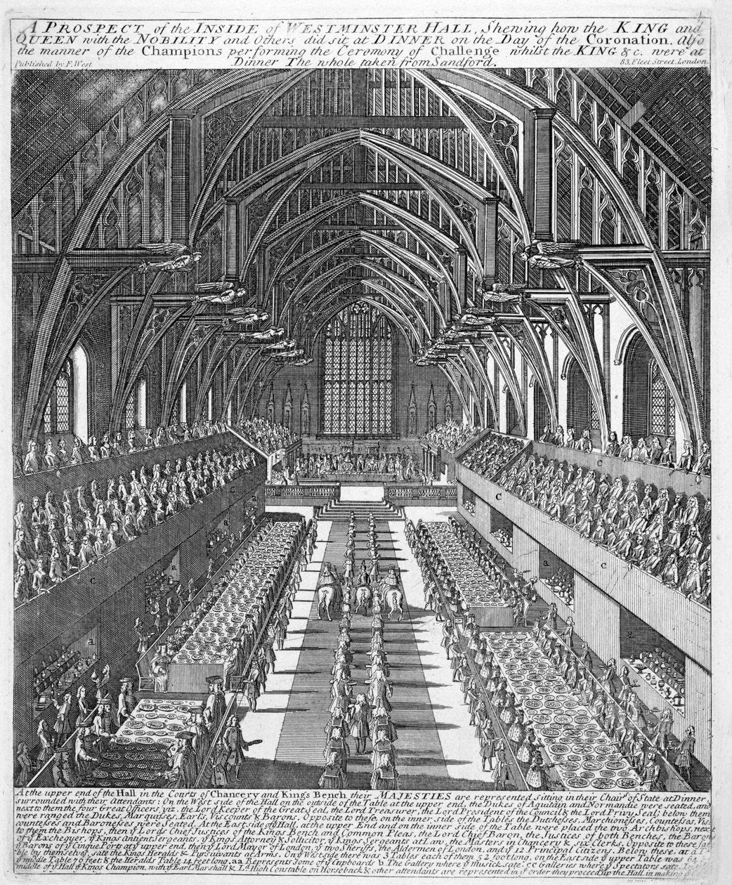 Westminster Hall James II:n kruunaamisen jälkeisten juhlien aikana 23. huhtikuuta 1685 tekijältä English School