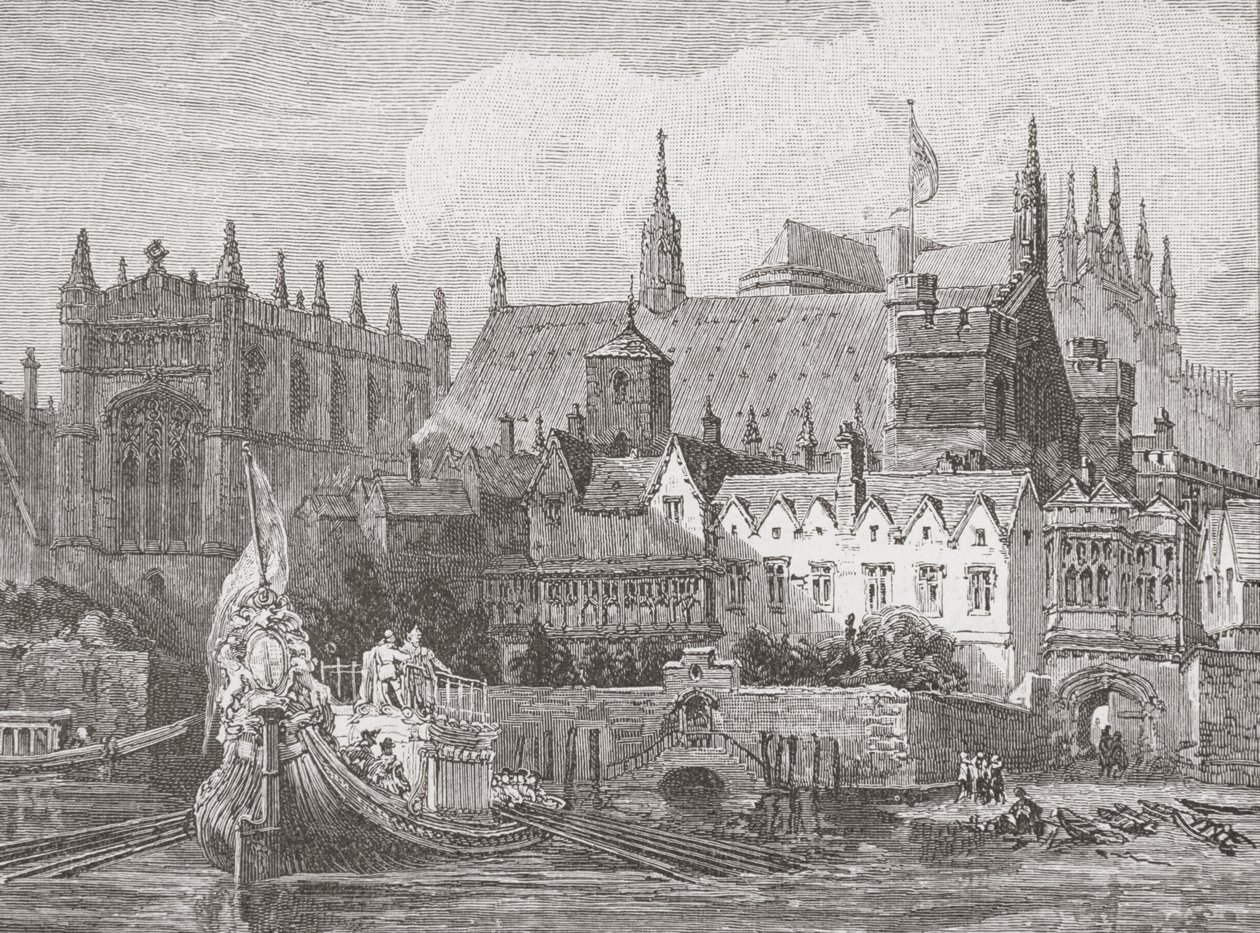 Westminster Hall nähtynä Thamesista Kaarle I:n hallituskaudella, n. 1625-1649 tekijältä English School