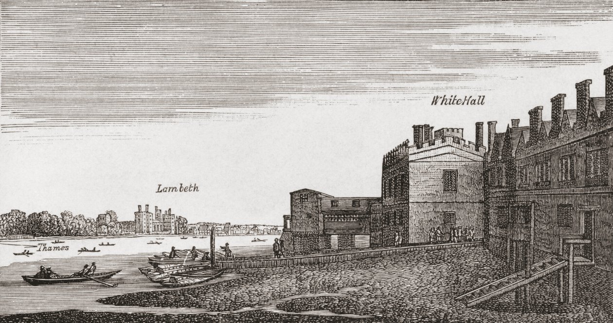 Whitehall, Lontoo, sellaisena kuin se oli 1700-luvulla, J. R. Greenin teoksesta A Short History of the English People, julkaistu 1893 tekijältä English School