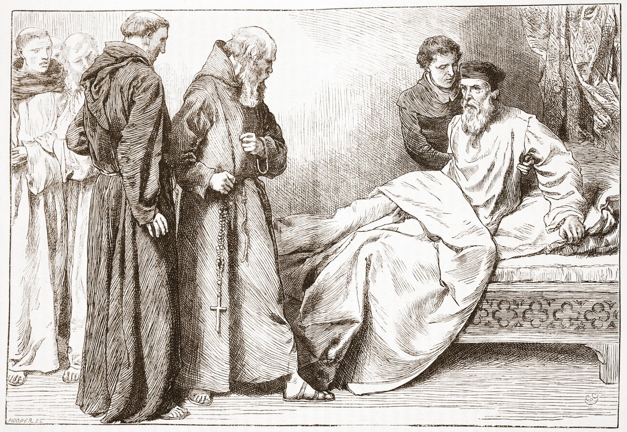 Wycliffe ja munkit: kohtaus sänkykammiossa, kuvitus James Aitken Wylien (1808-1890) Protestantismin historiasta, pubi. 1878 tekijältä English School