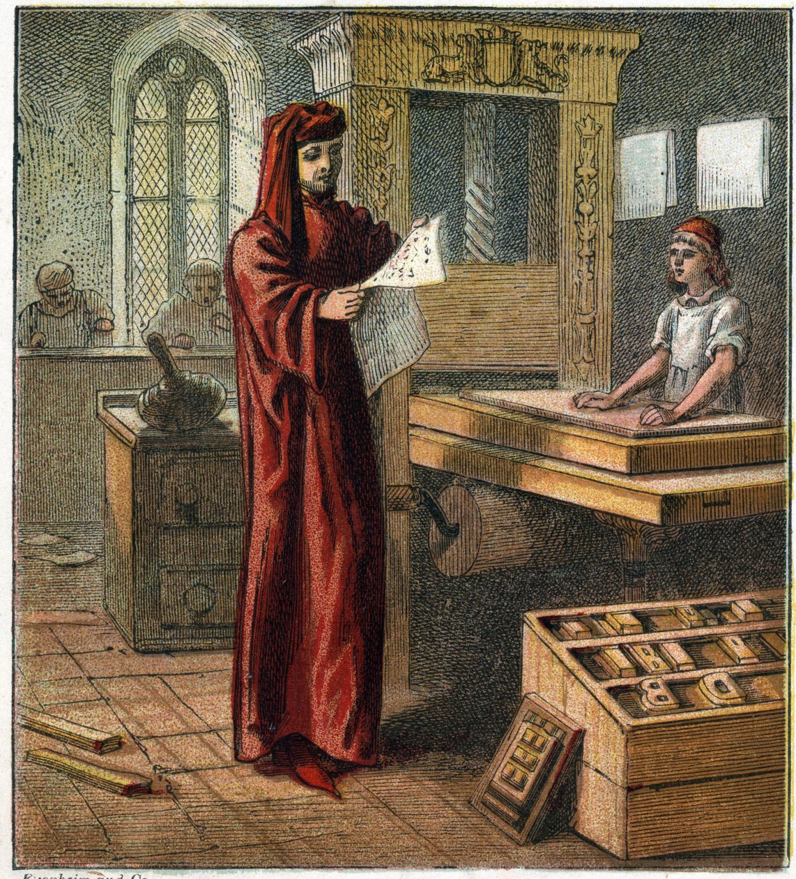 William Caxton (1422-1491), ensimmäinen englantilainen kirjapaino, työpajassaan painokoneen kanssa. William Caxton, ensimmäinen englantilainen kirjapaino. tekijältä English School