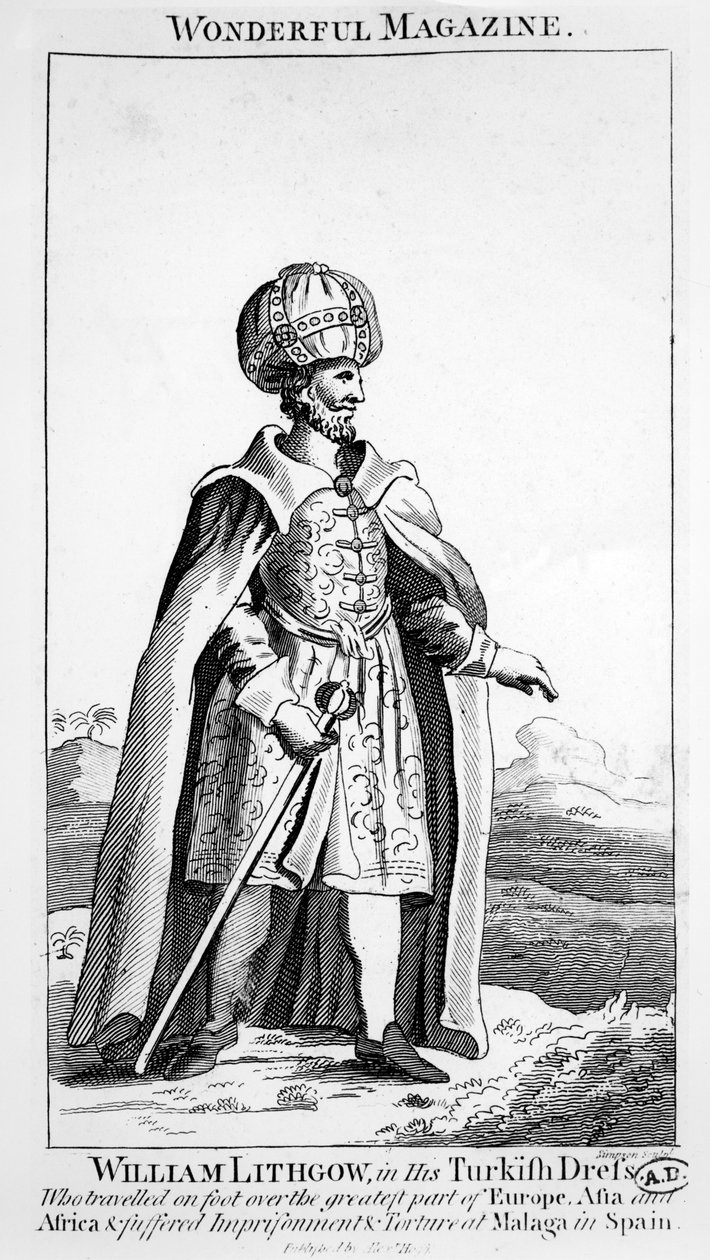 William Lithgow turkkilaisessa mekossaan, kuvitus Wonderful Magazinesta, n. 1750-1790 tekijältä English School