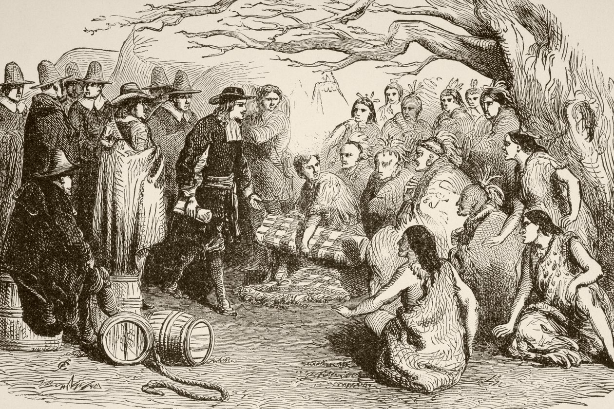 William Penn tekee sopimuksen Delawaren tai Lenapen intiaanien kanssa vuonna 1682 (litho) tekijältä English School