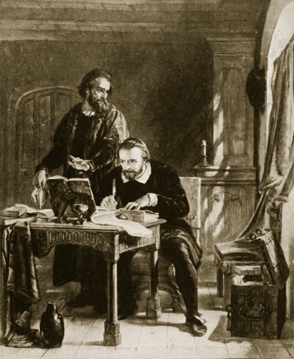 William Tyndale kääntämässä Uutta testamenttia, kuvitus teoksesta Hutchinsons Story of the British Nation, n. 1923 tekijältä English School
