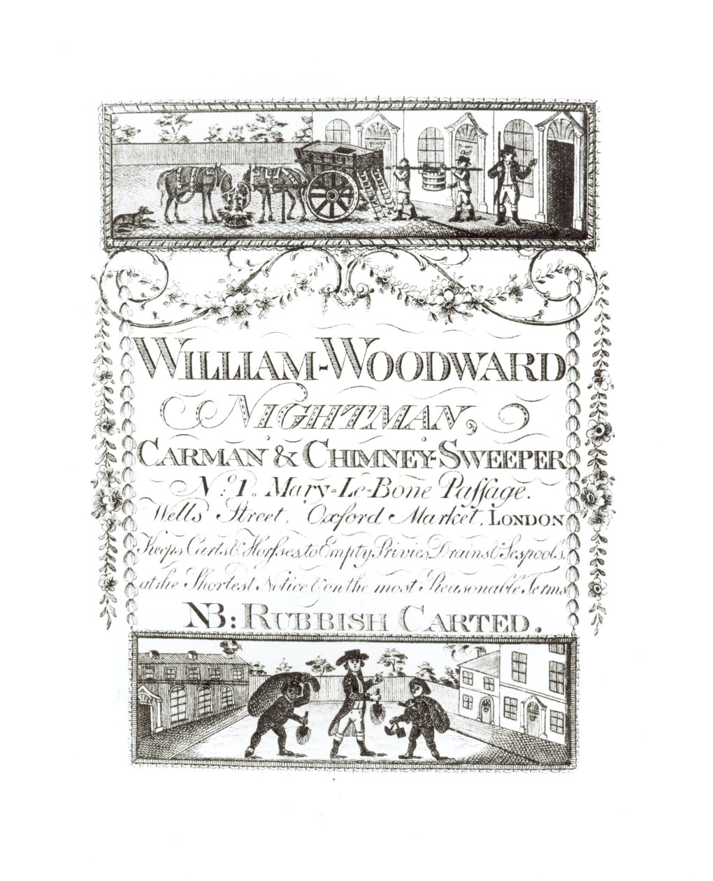 William Woodward, Nightman, Carman ja savupiipun lakaisukone, No. 1 Mary-Le-Bone Passage, Wells Street, Oxford Market, Lontoo tekijältä English School