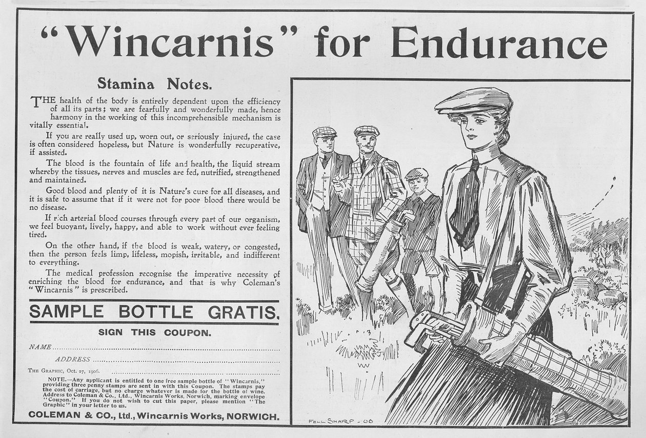 Wincarnis for Endurance, mainos The Graphicilta, 27. lokakuuta 1906 tekijältä English School