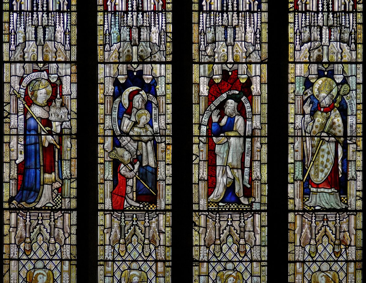 Ikkuna Ew, joka esittää St Ethelbertin, Pyhän Annan ja Neitsyt, Joachimin, St Thomas of Herefordin tekijältä English School