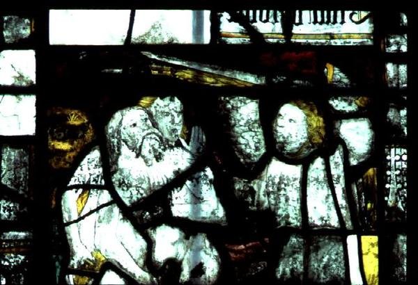 Ikkuna, joka kuvaa Aadamin ja Eevan karkotettuja Eedenin puutarhasta, 1400-luvun puoliväli (lasimaalaus) tekijältä English School