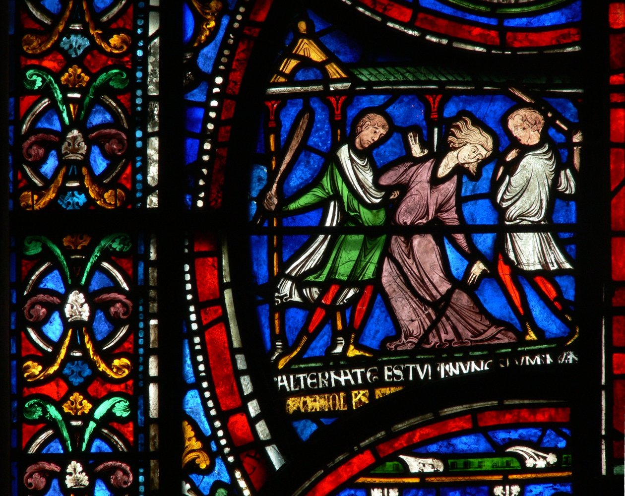 Ikkuna n2, joka esittää kohtauksen St Thomas Becket Miracle -ikkunasta: Hullun Matildan Kölnin tarina tekijältä English School